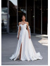 Tie Straps Beaded White Satin Slit Elegant Wedding Dress